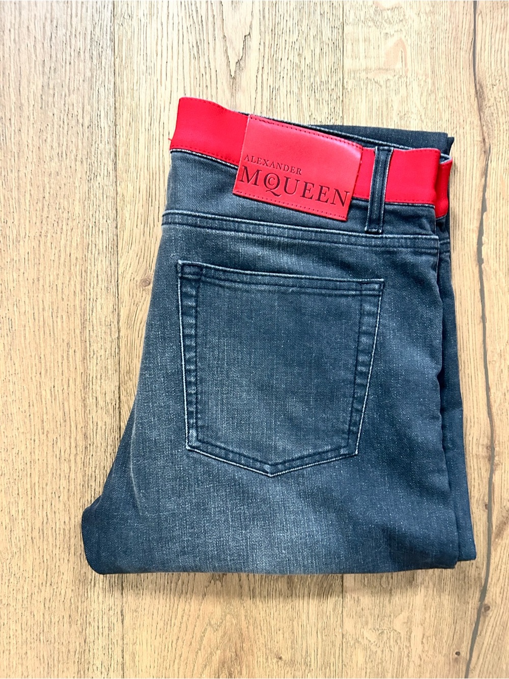 Alexander McQueen Men's Black Jeans with Red Waistband Patch